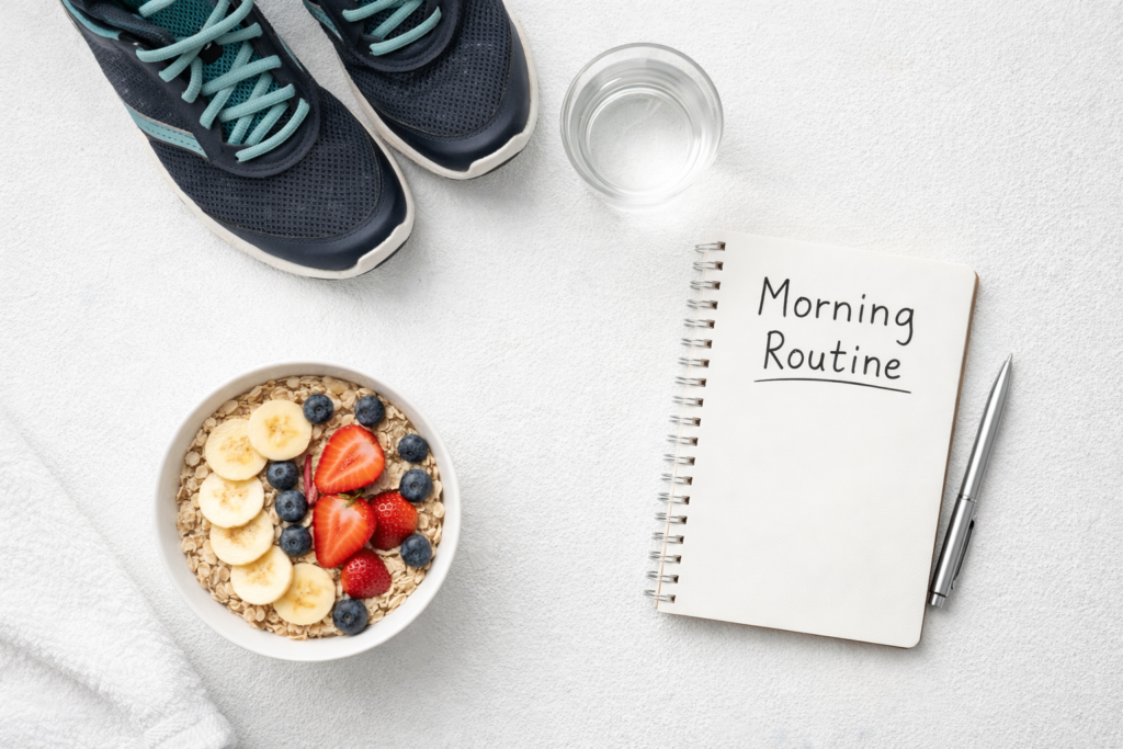 Flat lay of best morning routine for weight loss with water glass, running shoes, healthy breakfast bowl and daily planning notebook