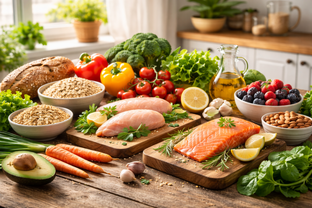 Healthy eating habits for beginners with fresh vegetables, fruits, whole grains, and lean protein on a wooden table
