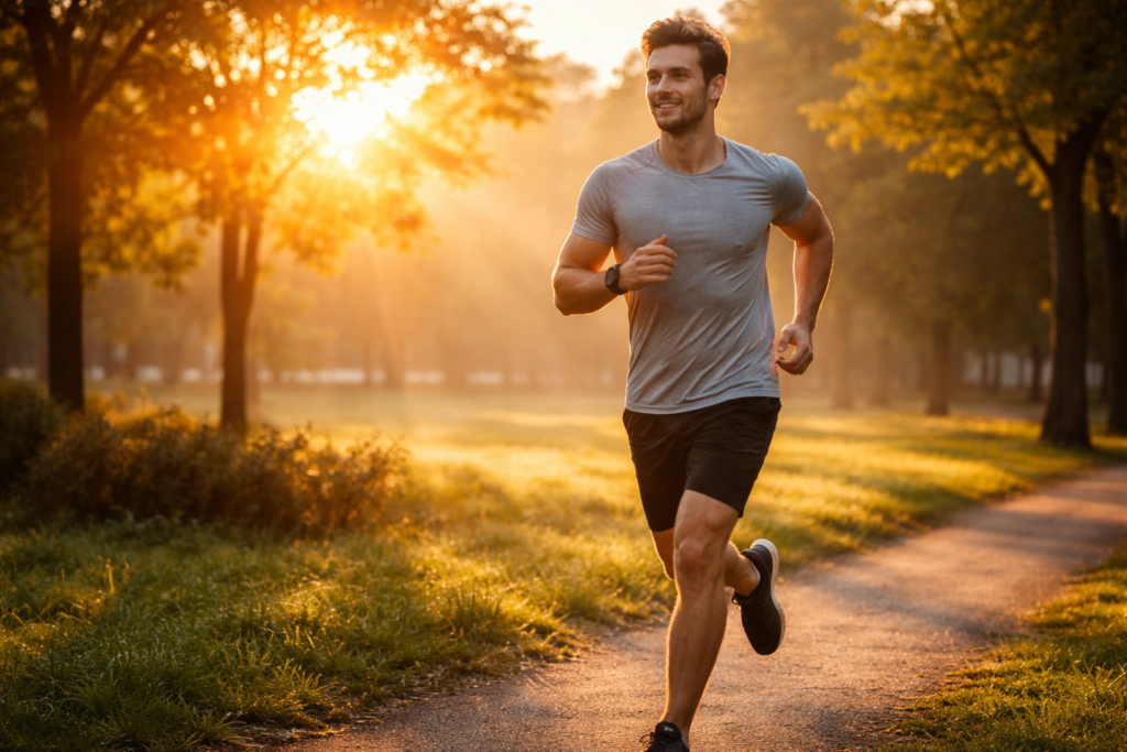 Man jogging in park at sunrise for healthy lifestyle