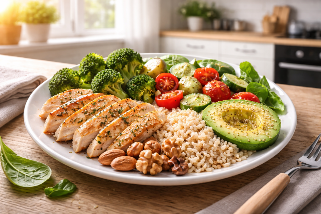 balanced diet plate with vegetables protein and grains for daily health