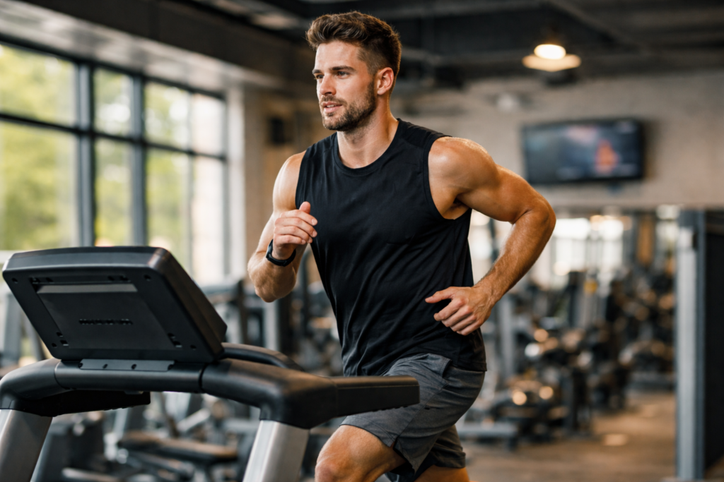 Fit young man performing cardio workout on treadmill in modern gym with natural lighting, realistic fitness training scene