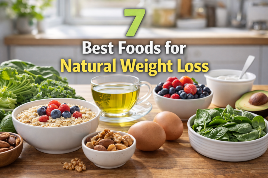 healthy foods for natural weight loss including eggs berries oatmeal and green tea