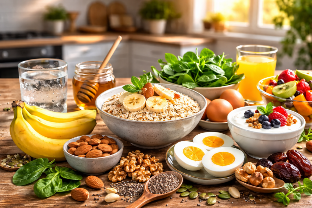 healthy foods for boosting energy naturally on wooden table