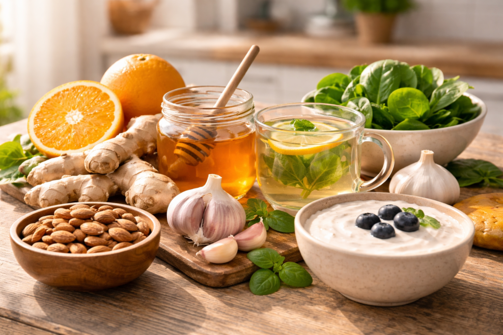 healthy foods for immunity like oranges ginger garlic honey and green tea on table