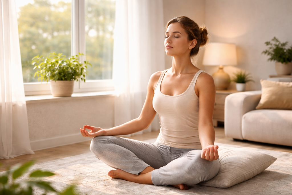 person doing meditation and deep breathing near window for mental health