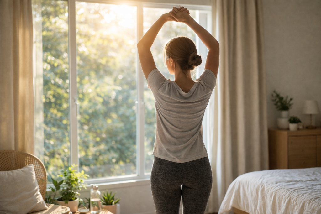 person practicing healthy morning habits with stretching and sunlight