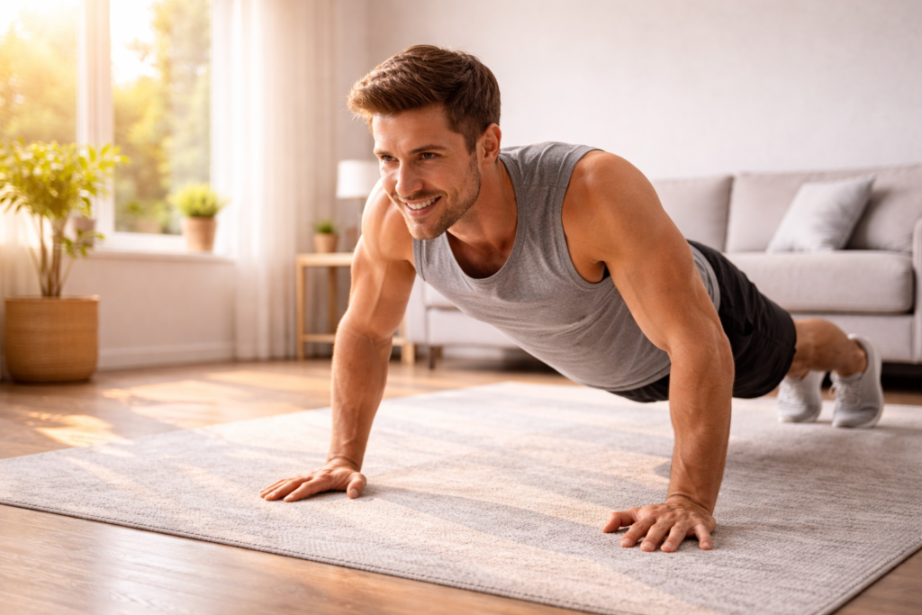person exercising at home without gym equipment in natural sunlight