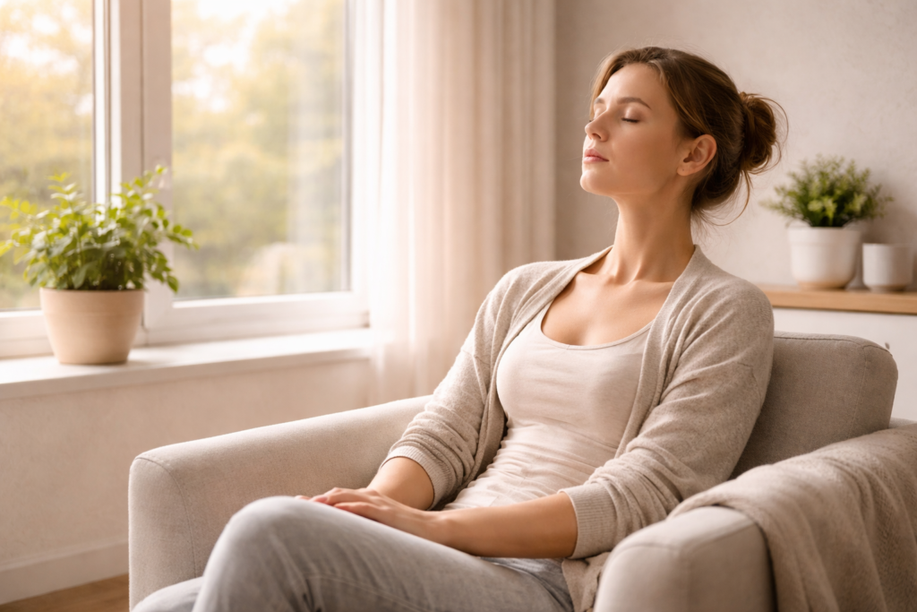 person relaxing near window to reduce stress naturally at home