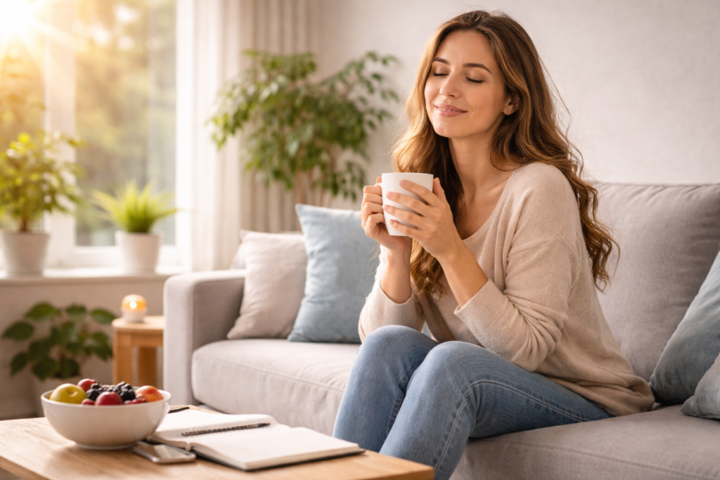 person relaxing on sofa with sunlight holding coffee for mental health and stress relief at home
