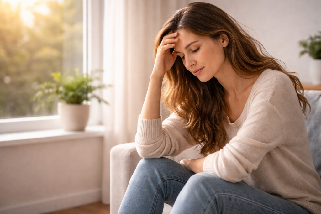 person sitting quietly thinking near window to control overthinking and stress