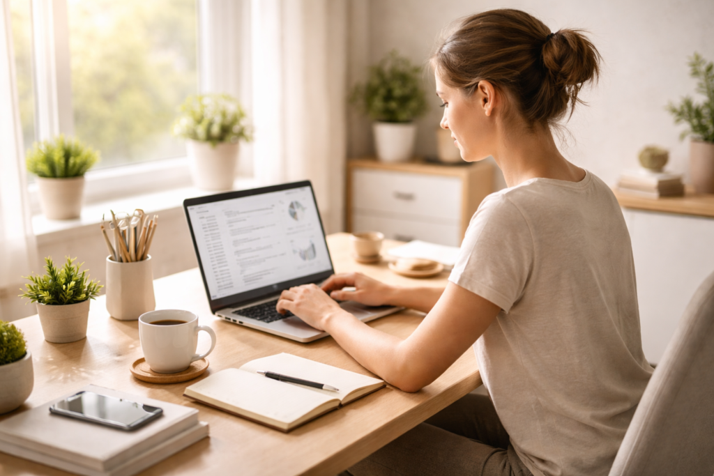 person working on laptop in clean workspace with morning sunlight for productivity