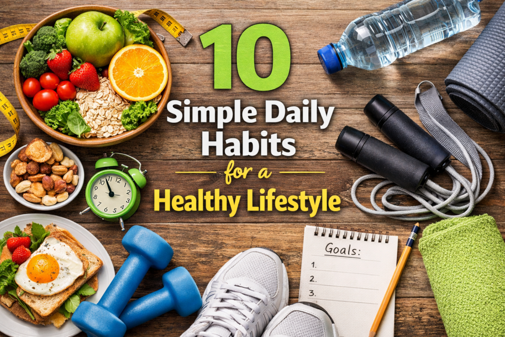 Healthy lifestyle concept with fruits vegetables water and fitness items on a wooden table