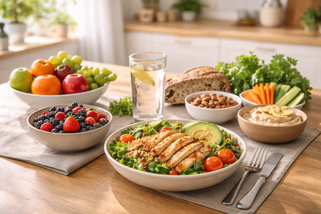 healthy balanced meal with fruits vegetables and water