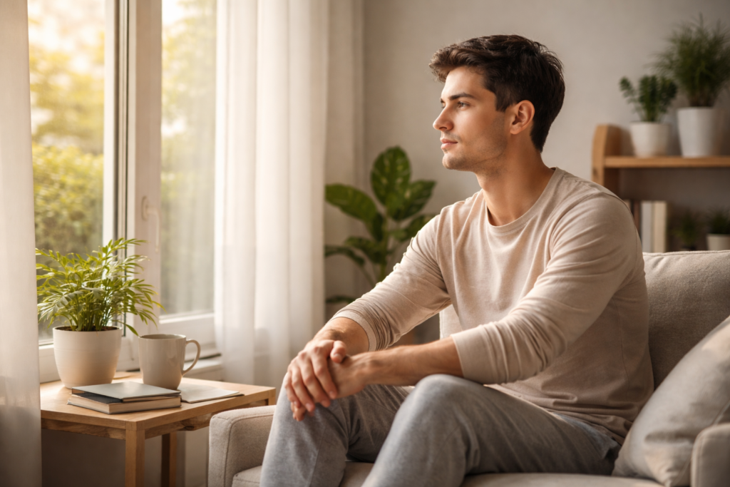 person sitting calmly near window reducing overthinking