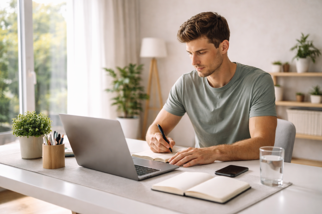 person working with focus at clean desk
