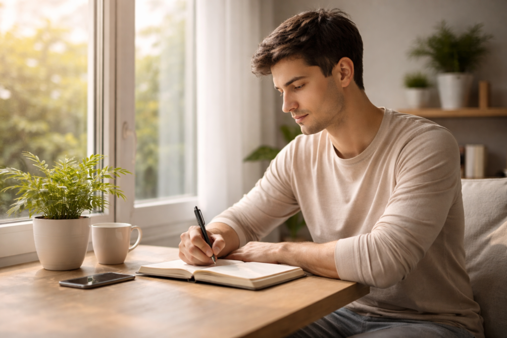person writing journal to build positive mindset